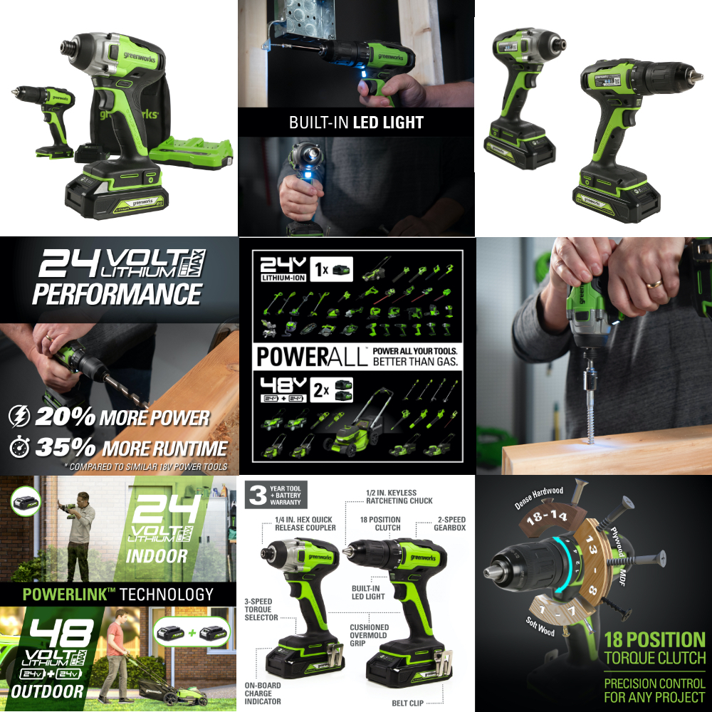 Greenworks 24-Volt Battery Cordless Brushless Drill/Driver and Impact